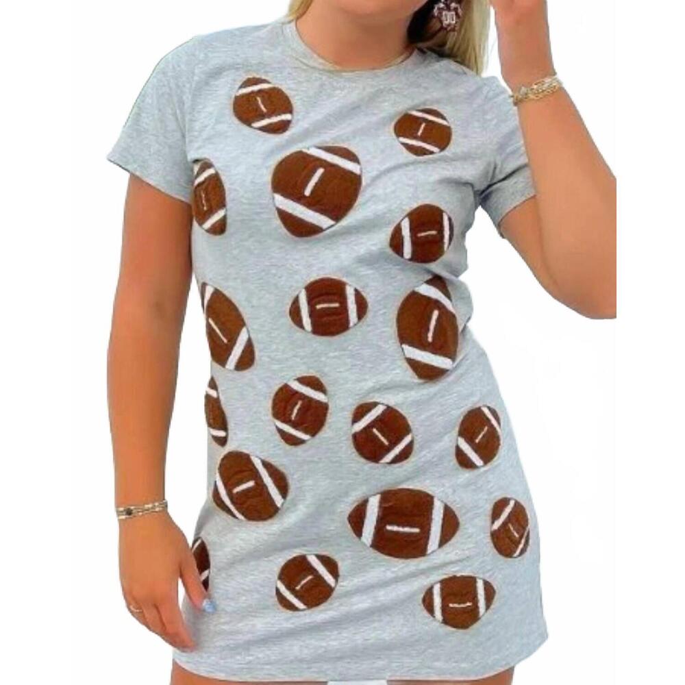 NEW LULA THE LABEL terry football patch t-shirt dress in blue/ brown